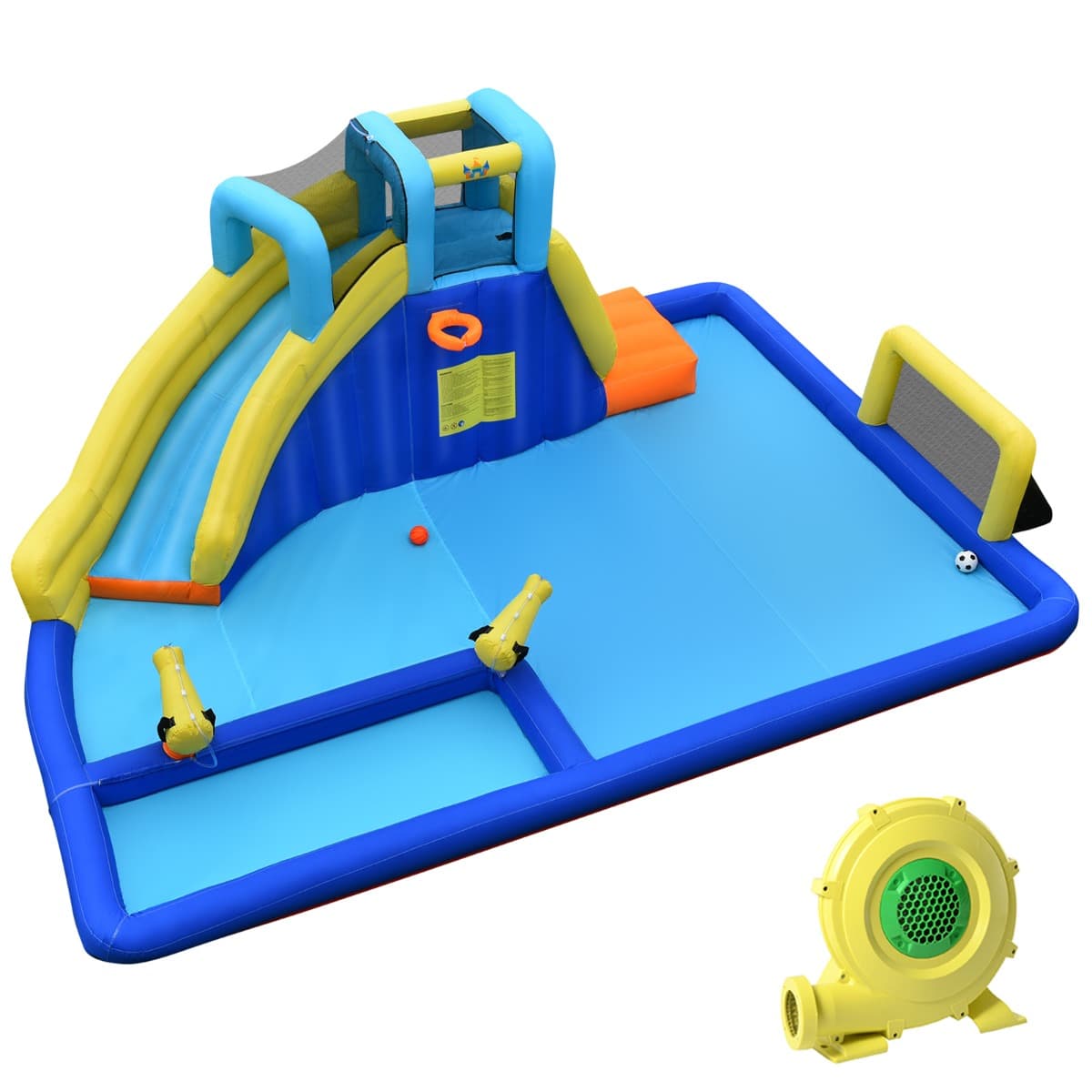 CostwayChâteau Gonflable 6 en 1 avec Escalade Toboggan à Jet d'Eau Grande Piscine Cadre de Football/Basket-ball avec Souffleur