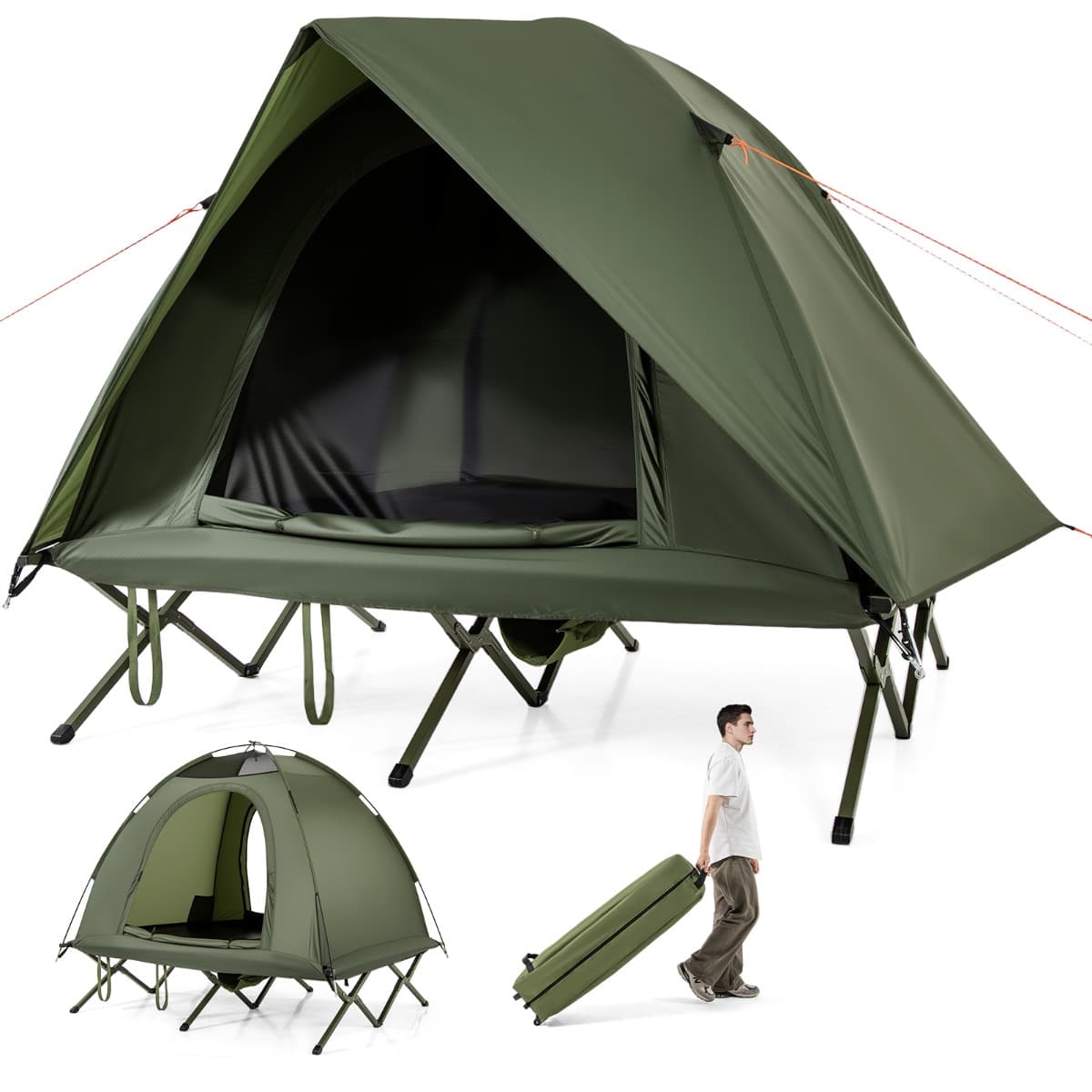CostwayTente de Camping Pliable pour 2 Personnes Tente Dôme avec Lit de Camp Lit de Couchage Surélevé Sac Portable à Roues Vert