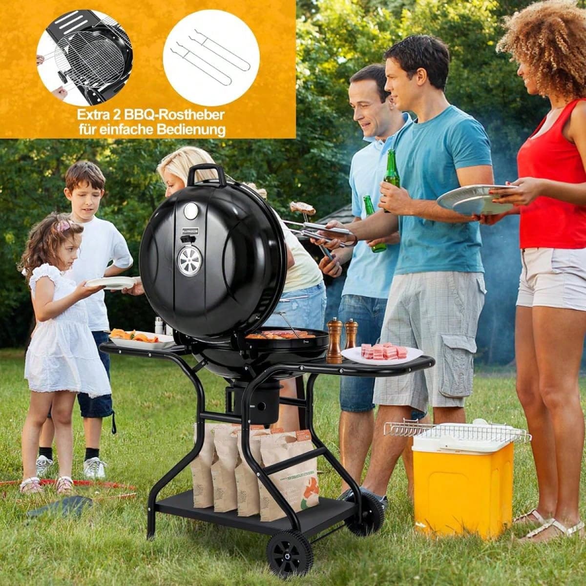 Kugelgrille Ø 57 cm, gril à charbon de charbon avec couvercle, grill voiture sur roues avec tables latérales, thermomètres, crochets et pot de