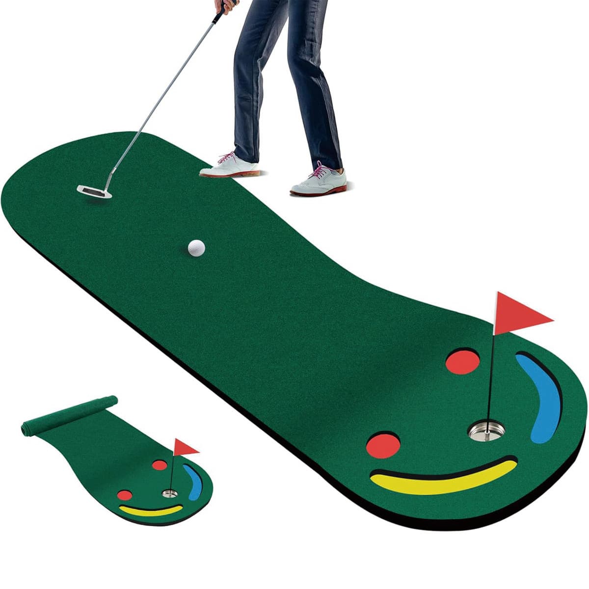 CostwayTapis de Putting de Golf 300 x 96 cm à 3 Trous Aide à l'Entraînement Tasse et Drapeau Couvercles de Trous Tapis d'Entraînement de Golf
