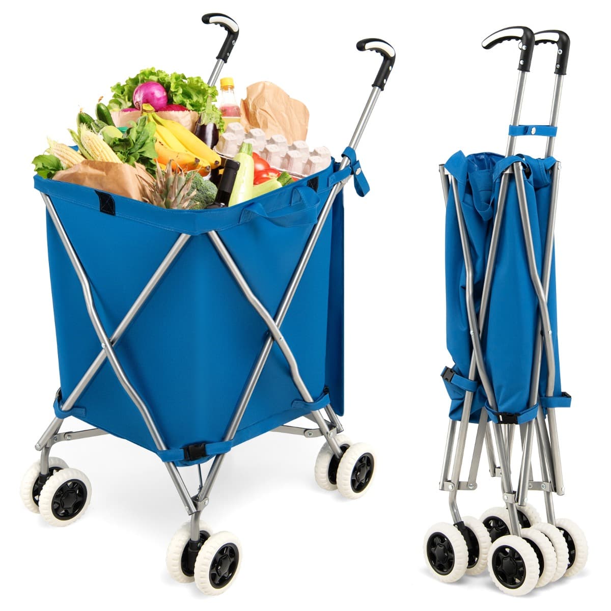 CostwayChariot de Courses Pliable 90L 4 Roues Freinage et Direction à 360° Cadre en Acier en Forme de X Charge max.: 54 KG Bleu